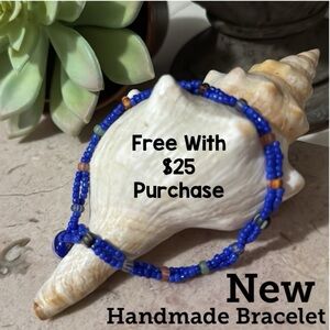 Free-New Handmade Bracelet-Seed Beads in Blue-Vintage Glass Bead Closure